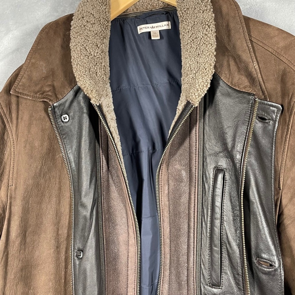 Peter Millar Brown Leather Sherpa Lined Detachable Collar Jacket Mens XL - Picture 4 of 14
